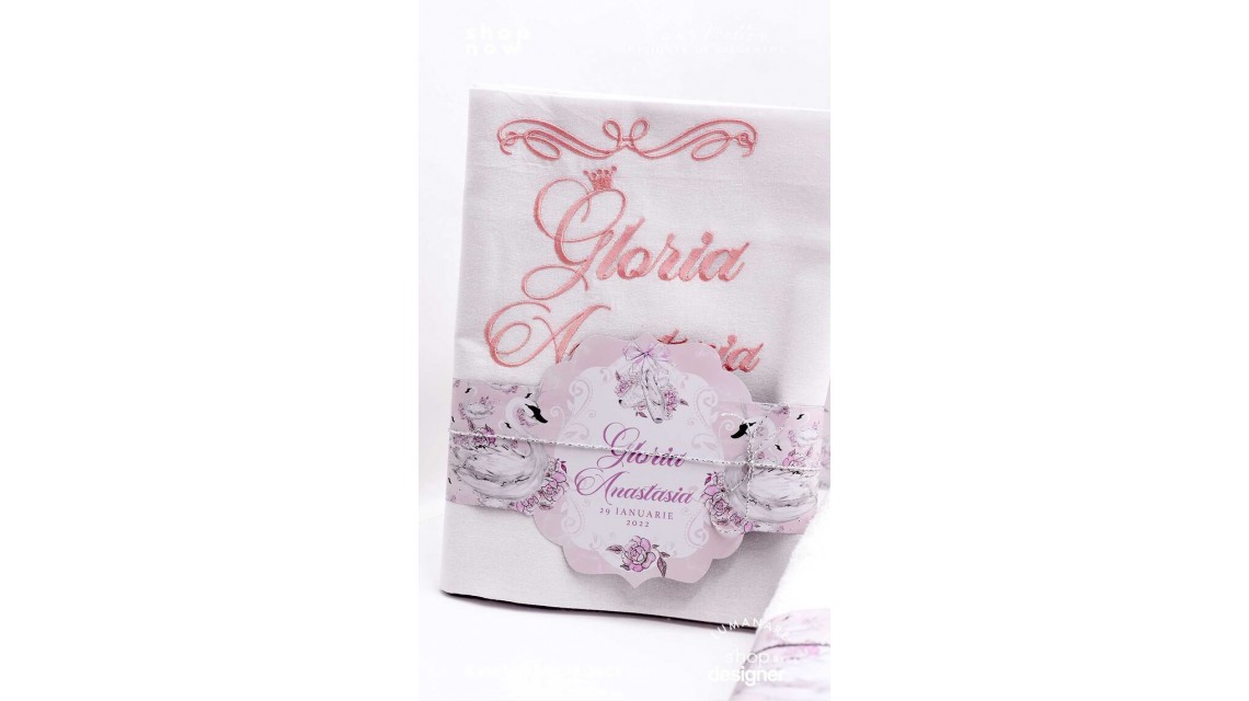 Trusou de botez cu lebede si motive florale personalizat pentru fete, Lebada alba 2